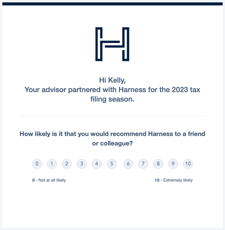 Sample tax client NPS survey from Harness