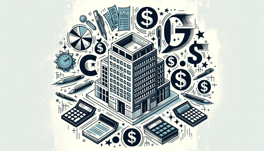 A stylized corporate building surrounded by symbols of taxes