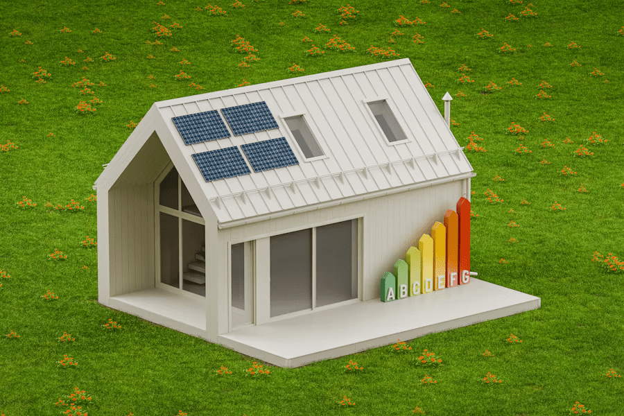 Eco-friendly home with sustainability symbol representing energy-efficient construction and green building tax incentives for developers in 2025.